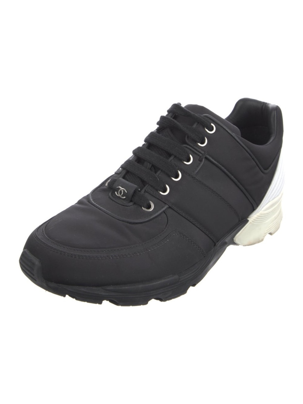 CHANEL 2017 Interlocking CC Logo Athletic Black Nylon with Leather Trim Sneakers